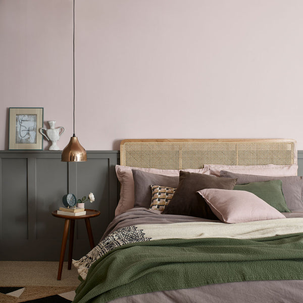 Bedroom walls painted in Dulux Heritage Potters Pink Velvet Matt Emulsion. Panelling painted in Dulux Heritage Mud Lark Eggshell - Paint Online Ireland