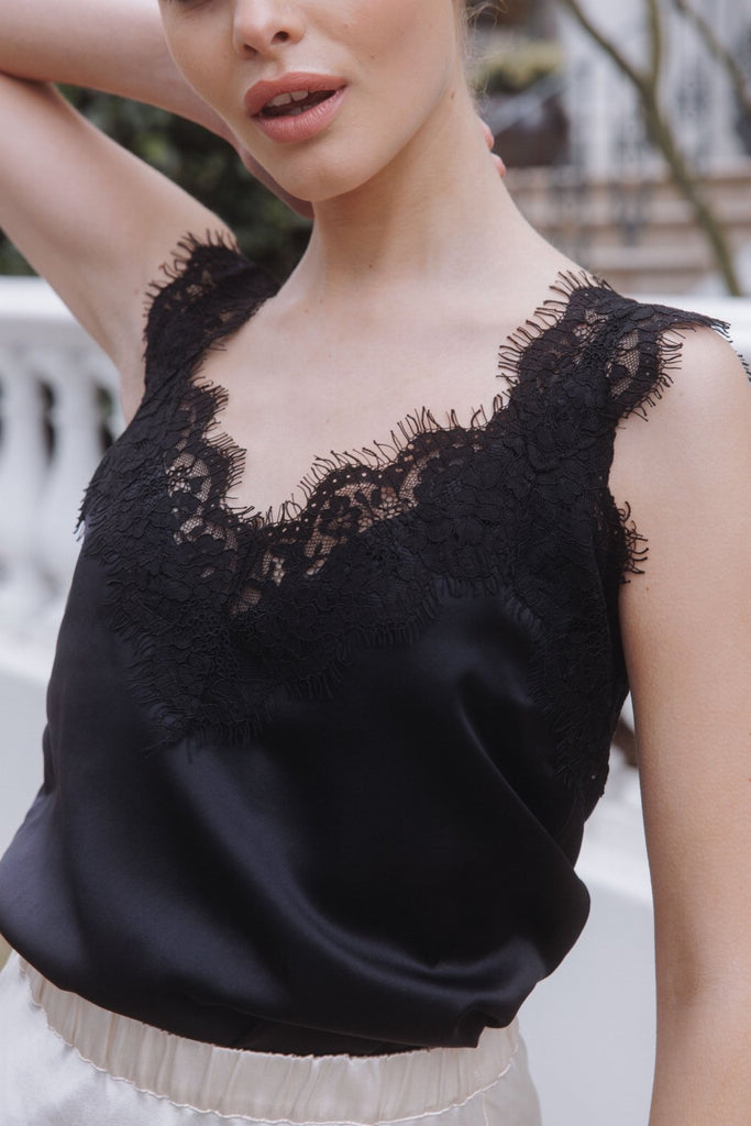 BL.Tops - A chic, luxurious black silk cami with built-in bra for