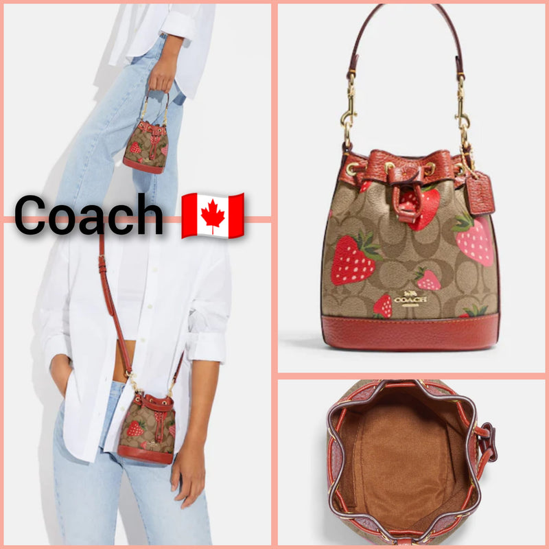 Coach Mini Dempsey Bucket Bag In Signature Canvas With Wild Strawberry