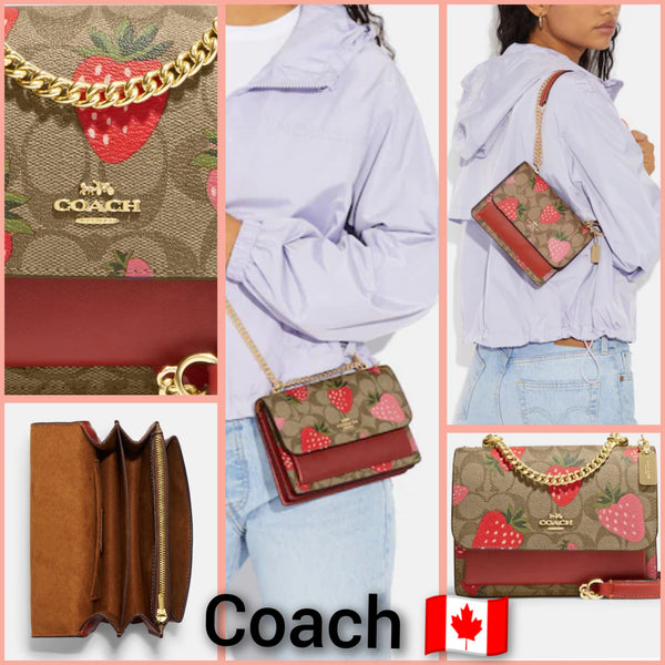 Coach Gold / Red Signature Canvas Mini Klare Strawberry Print Crossbody Bag