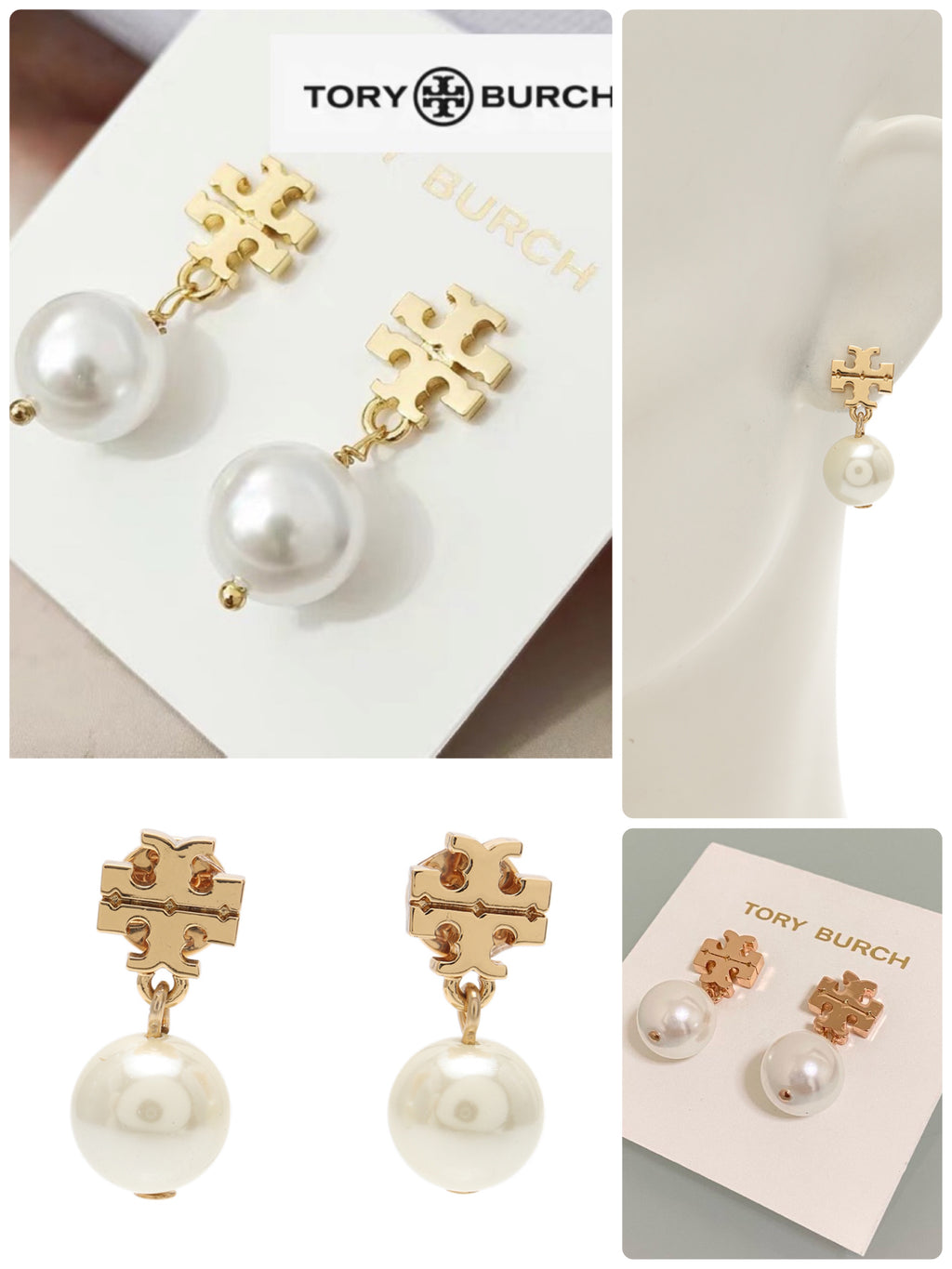 TORY BURCH earrings logo pearl drop Earring