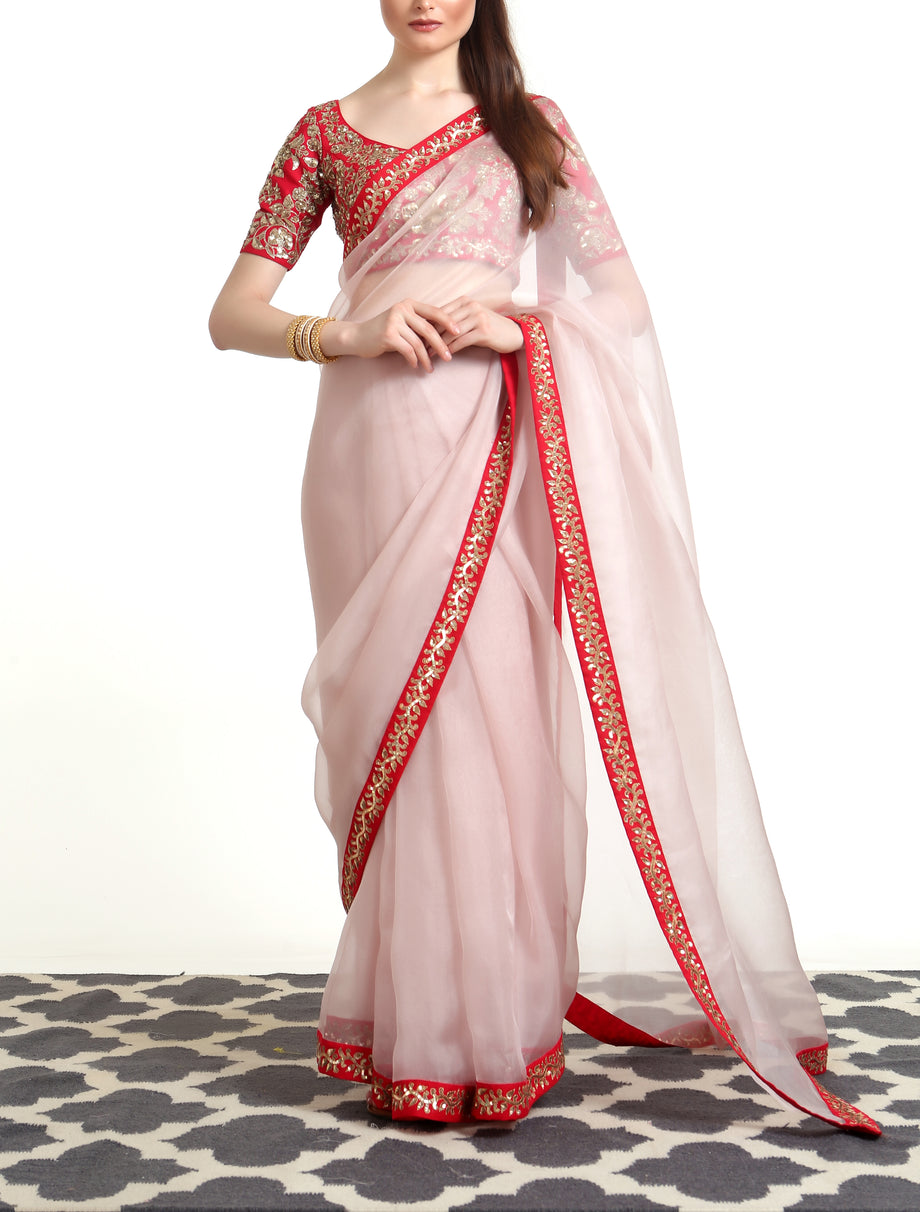 Beautiful Blush Pink Designer with Piping Broder saree – Sachisabya