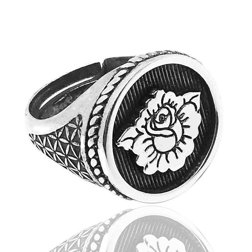Adjustable Rose Seal Tattoo Style Chevalier Ring In 925 Silver Vimon Gioielli