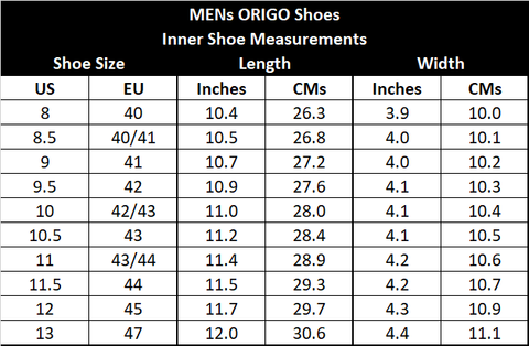Origo Shoes Full Size Guide