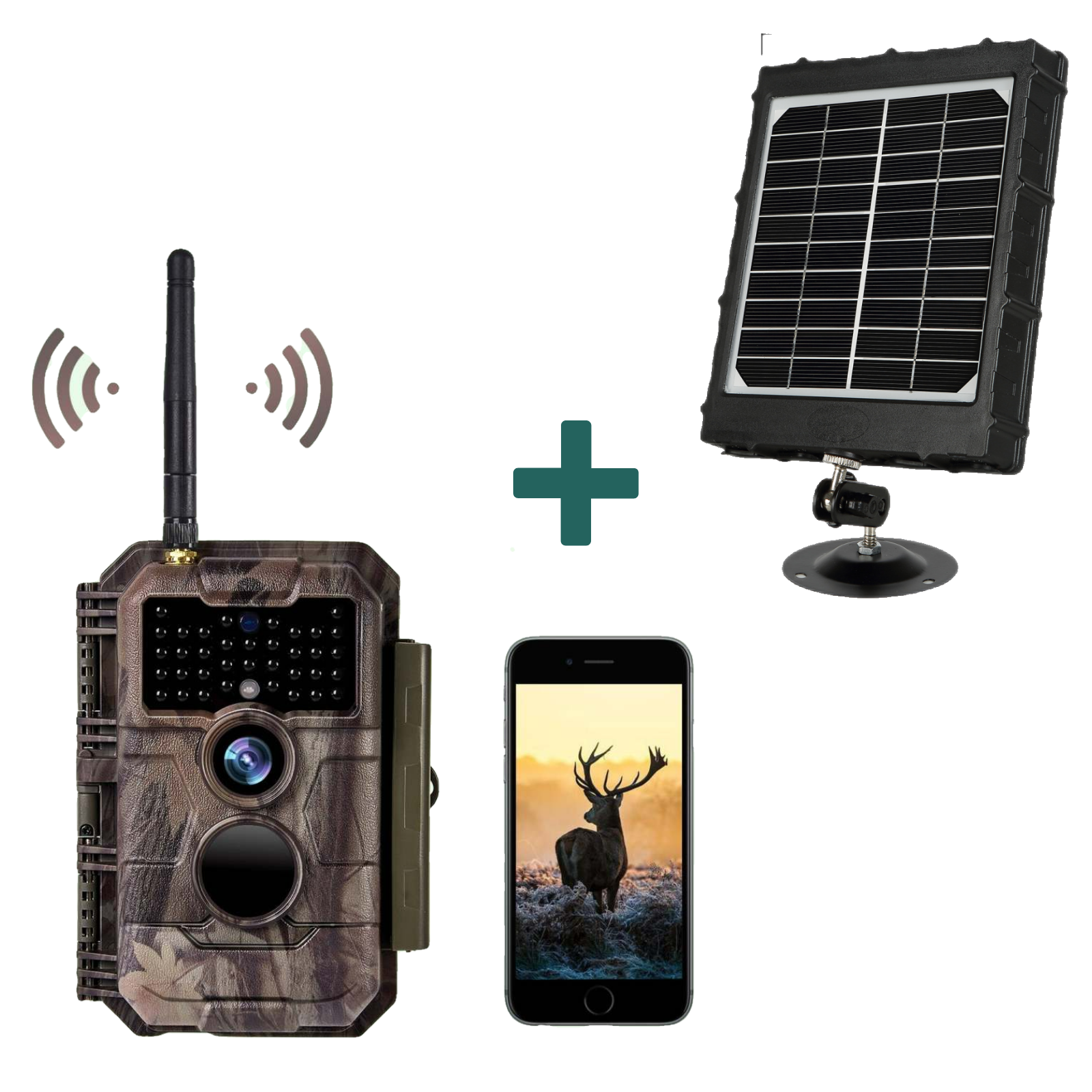 Bundle of Solar Panel and Wireless Bluetooth WiFi Deer Camera 32MP 1296P Night Vision No Glow Motion Activated for Hunting, Home Security 