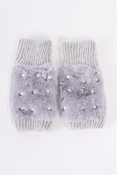 Grey Knit Pearl Fingerless Gloves