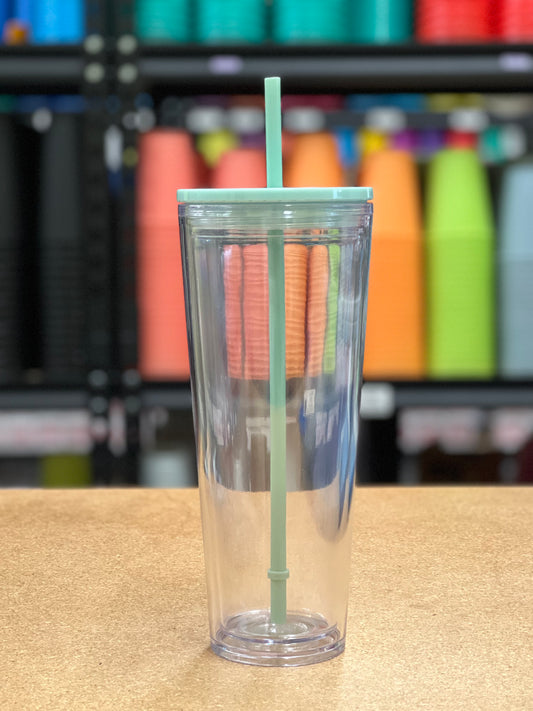 24oz Clear Double Wall Plastic Cup w/Lid and Blue Straw Friedrichs