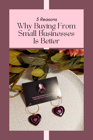 Created By Lau's Blog Post on Why Buying From Small Businesses Is Better Than From High Street Stores - Image shows hoop earrings with pink and black resin heart dangling from them