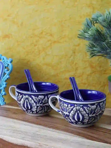 Blue Mughal Jumbo Ceramic Soup Mugs Set of 2