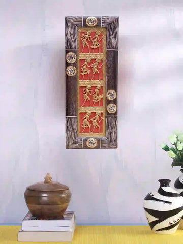 Hand Crafted Brass Work Long Dhokra Wall Hanging in Mango Wood