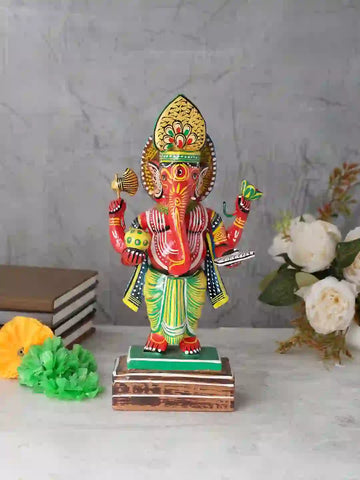 RajRang Hand Painted Wooden Ganesha Showpiece