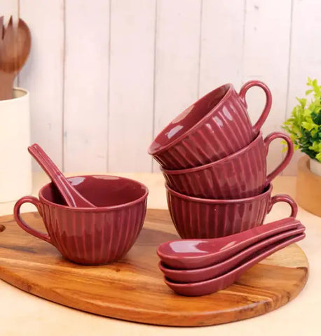 Burgundy Hand-made Ceramic Soup Mugs with Handles and Spoons Set of Four