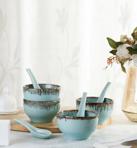 Tranquil Mint Ceramic Soup Bowls with Spoons Set of 4