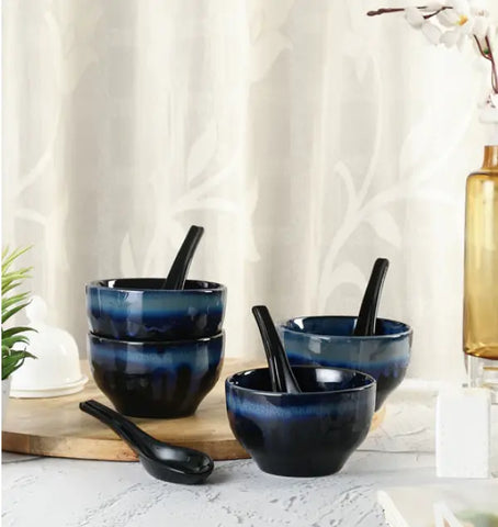 Leher Inky Blue Ceramic Soup Bowls with Spoons Set of Four