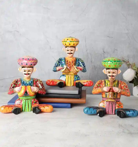 Hand Painted Large Wooden Musicians Table Decoratives Set of Three