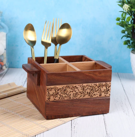 Hand-made Gul Four Part Sheesham Wood Cutlery Holder/ Kitchen Caddy