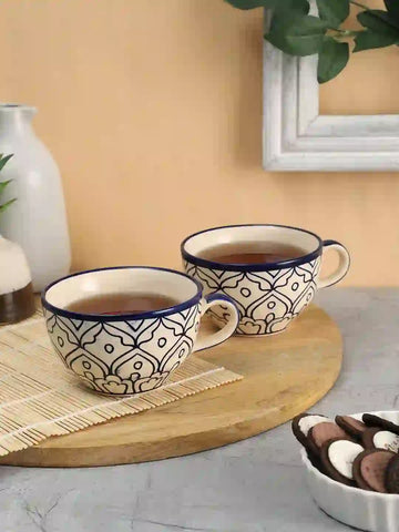 Mehraab Blue Off-white Ceramic Soup Bowls/ Cereal Bowls Set of 2