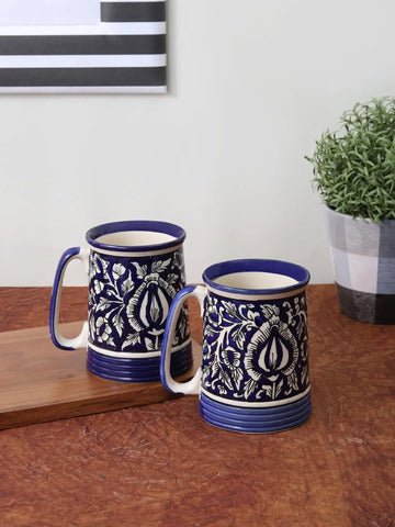 Blue Mughal Ceramic Milkshake/ Cold Coffee/ Beer Mugs Set of Two