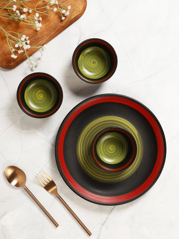 Bottle Green with Maroon Ceramic 8 Pieces Dinner Set- Dinner Plates, Katori bowls