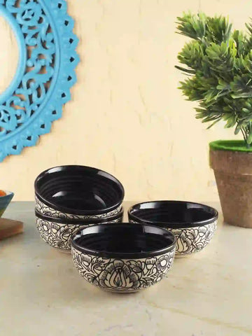Kalamkari Black & White Ceramic Soup/Cereal/Snacks Bowls Set of Four