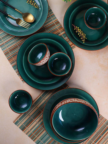 Green Brown Ceramic 10 Pieces Dinner Set- Dinner Plates, Katori/ Veg bowls and Serving Bowls