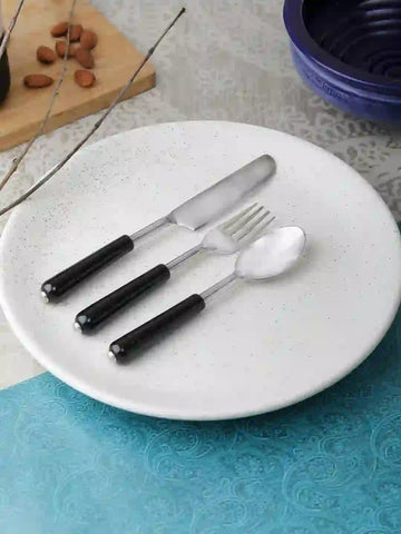 Black Ceramic Handle Steel Cutlery Set of Three - Fork, Spoon and Knife