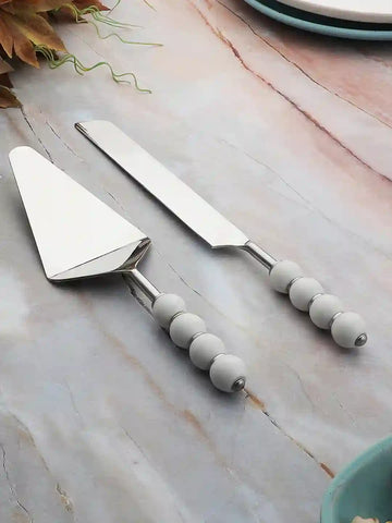 Regal White Beads Stainless Steel Cake Server Set - Knife & Spatula