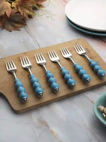 Regal Sky Blue Beads Stainless Steel Fork- Set of 6