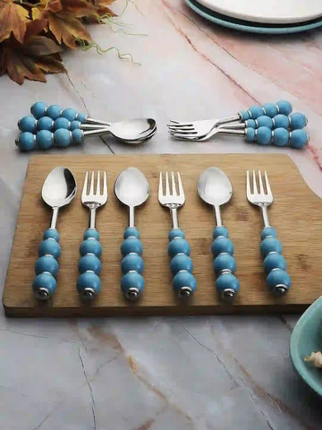 Regal Sky Blue Beads Stainless Steel Silverware Set of Twelve - Spoons & Forks