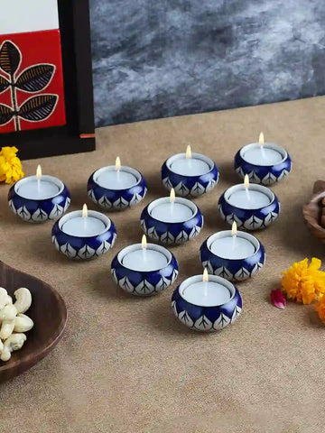 Hand-made Navy Blue Ceramic Diyas Set of Ten - Tea Light Holders