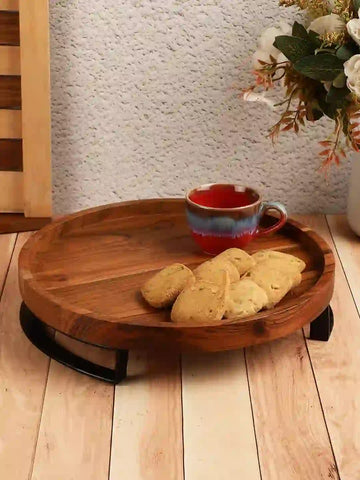 StyleWood Round Serving Tray with Metal Handles