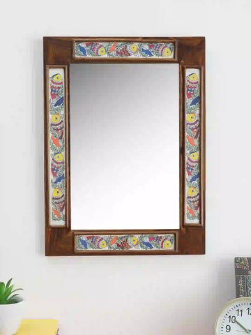 Hand Painted Madhubani Fish Border Teak Wood Wall Mirror