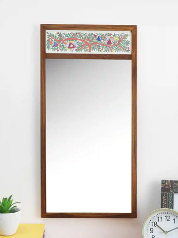 Hand Painted Madhubani Teak Wood 24 Inch Wall Mirror