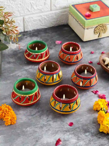 Hand-made Multicolored Terracotta Diya- Set of 6