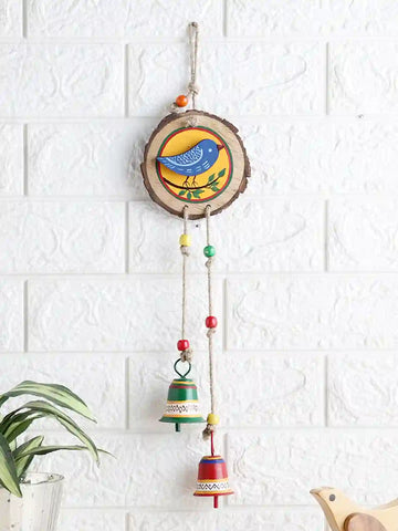 Hand Painted Blue Bird Wooden Wall Hanging with Bells/ Wind Chime - Neel Collection