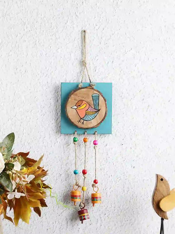 Chiraiya Hand Painted Gond Art Wooden Wall Hanging with Bells / Wind Chime
