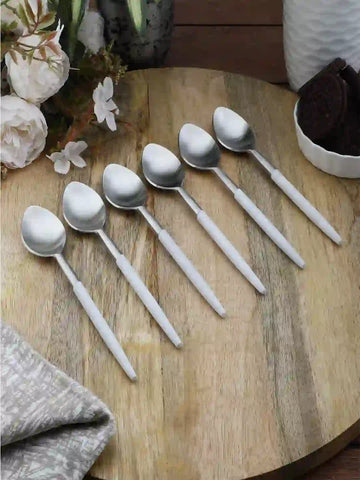 Radiant White Handle Matt Steel Table Spoons Set of Six