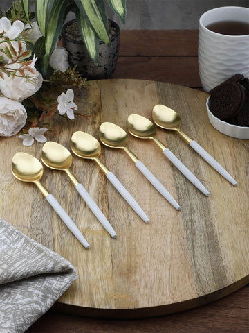 Radiant White Handle Gold Steel Tea Spoons Set of Six