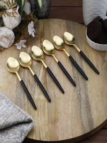 Radiant Black Handle Gold Steel Tea Spoons Set of 6