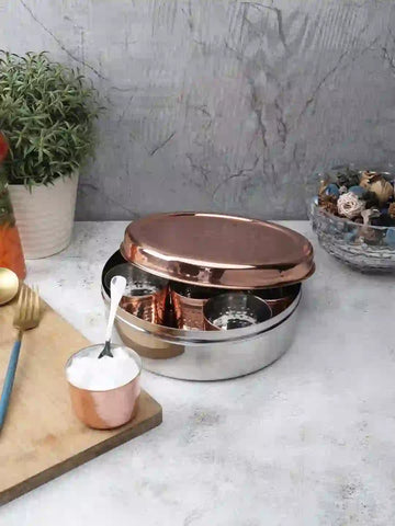 Stainless Steel Spice Box with Hammered Copper Lid