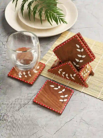 Snow Leaf Sheesham Wood Square Coasters Set of Four