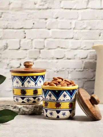 Hand Painted Blue Yellow Ceramic Air Tight Jars with Wooden Lids - Set of Two