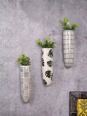 Black White and Green Leaves Ceramic Wall Planters Set of Three