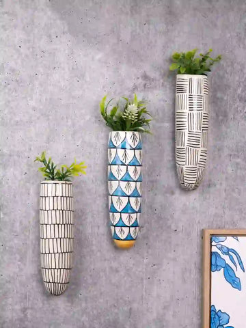 Black White and Traditional Blue Ceramic Wall Planters Set of 3