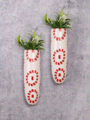 Hand Painted Red Flowers Ceramic Wall Planters Set of Two