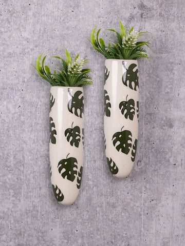 Hand Painted Green Leaves Ceramic Wall Planters Set of Two