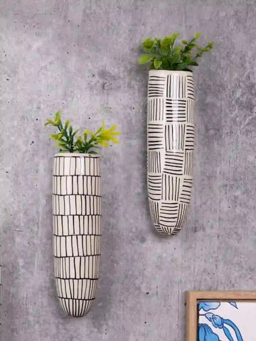 Hand Painted Geometric Black White Ceramic Wall Planters Set of Two