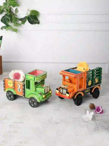Hand Painted Orange & Green Wooden Truck Decoratives Set of Two - Small & Medium