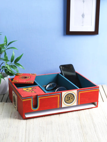 Hand Painted Red Blue Desk Organizer with Six Coasters