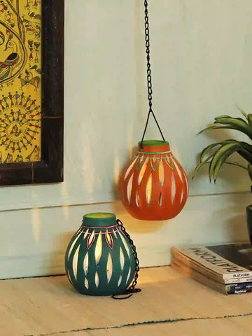 Green Orange Terracotta Cutwork Tea Light Diya Lantern Lamps Set
